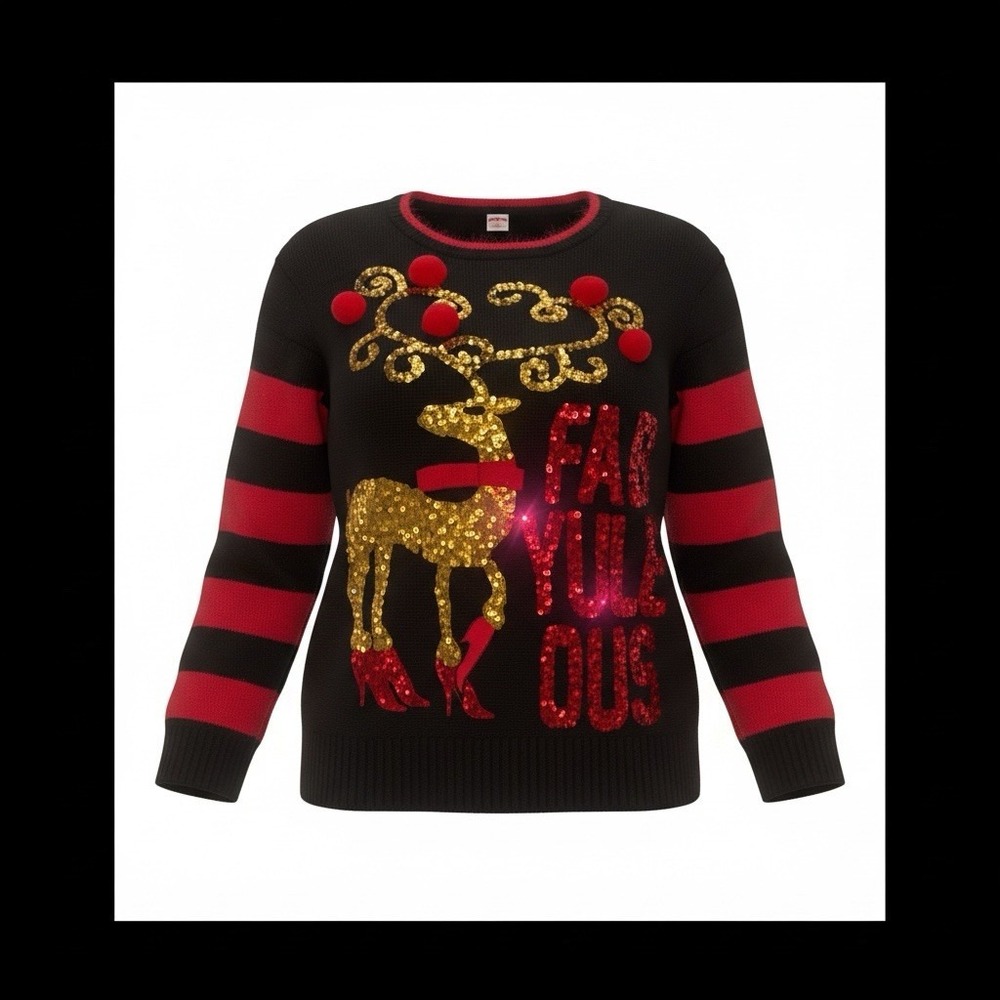 Womens Black Red Fab-Yule-Ous Sequin Reindeer Christmas Holiday Sweater 1X NWT